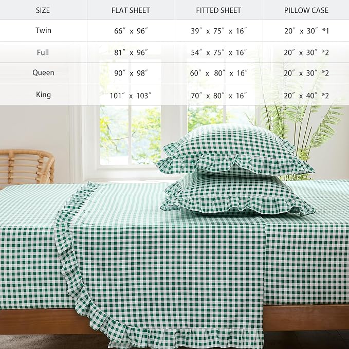 Gingham Full Sheet Set, Lightweight Super Soft Brushed Microfiber Plaid Bed Sheets with 16" Deep Pocket, 4 Piece Ruffle Farmhouse Bedroom Decor, Green