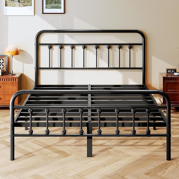 zunatu Full Size Metal Bed Frame with Victorian Style Headboard and Footboard, Steel Slat Support Platform Bed, No Box Spring Needed, Under Bed Storage, Easy Assembly, Black