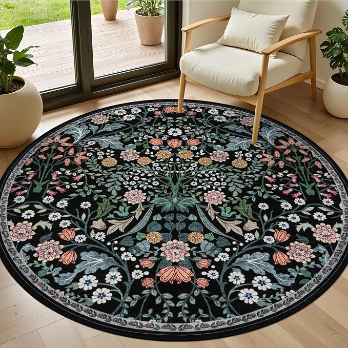 PLHXFR Round Area Rug Living Room: 4 ft Floral Washable Carpet Dark Black | For Bedroom Dining Room Farmhouse Nursery Hallway,Vintage Floral,Machine washable,Non Slip,Stain Resistant,Large Indoor