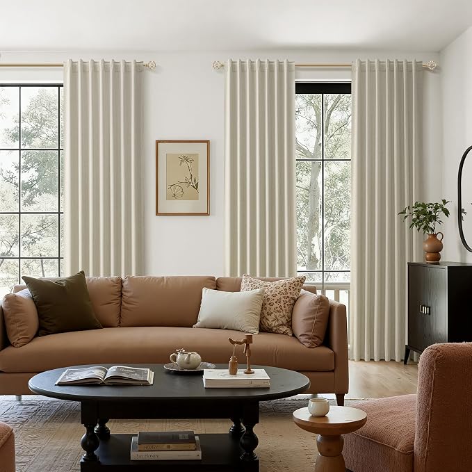 Extra Long 100% Blackout Linen Curtains for Bedroom 102 inches Long, Thermal Insulated Room Darkening Black Out Drapes for Living Room, Back Tab Rod Pocket 2 Panels Set,Eggshell Beige,52x102