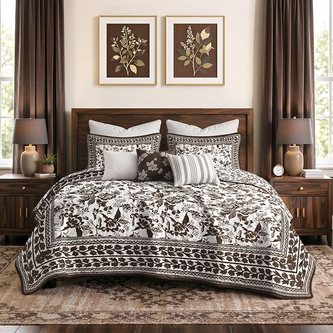 FLYMME Brown and White Vintage Floral Quilt Set Twin Size, 2-Piece Classic Reversible Bedspread Coverlet with 1 Pillow Sham, Lightweight Botanical Bedding Set for All Season