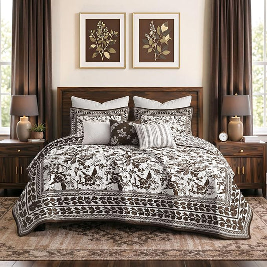 FLYMME Brown and White Vintage Floral Quilt Set Twin Size, 2-Piece Classic Reversible Bedspread Coverlet with 1 Pillow Sham, Lightweight Botanical Bedding Set for All Season