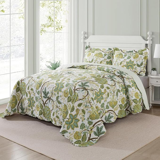 Cotton Bedspread Quilt Sets - Reversible Patchwork Coverlet Set, Floral Vine Pattern, Queen Size