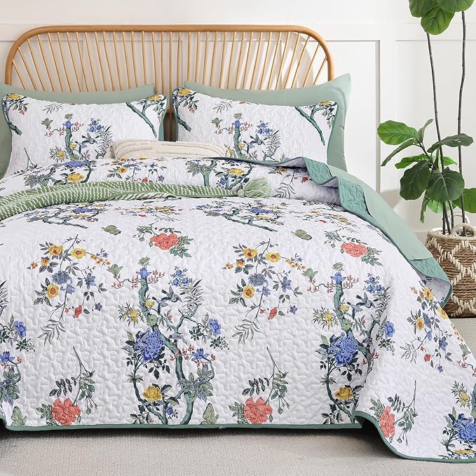 WONGS BEDDING Floral Quilt Set Queen, 3 Pcs Blue Green Bedspreads Coverlets | Spring Summer Floral Farmhouse Bedspread with 2 Shams,Soft Microfiber Lightweight Coverlet for All Season 96"×90"