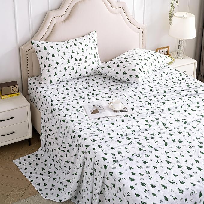 Softan Christmas Holiday Microfiber Twin Sheet Set with Non-Slip Straps | 15" Deep Pocket Fitted Bed Sheets, Printed Sheets, Green Reindeer Pattern, Single Sheets & Pillowcase Set for All Season