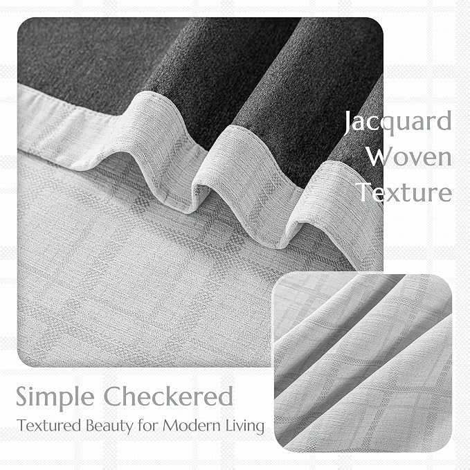 Beauoop Grey Plaid Jacquard Blackout Curtains for Bedroom 52x96 2 Panels | Gingham Checkered Room Darkening Drapes for Living Room 96 Inch Long Thermal Insulated Soundproof Window treatment Grommet