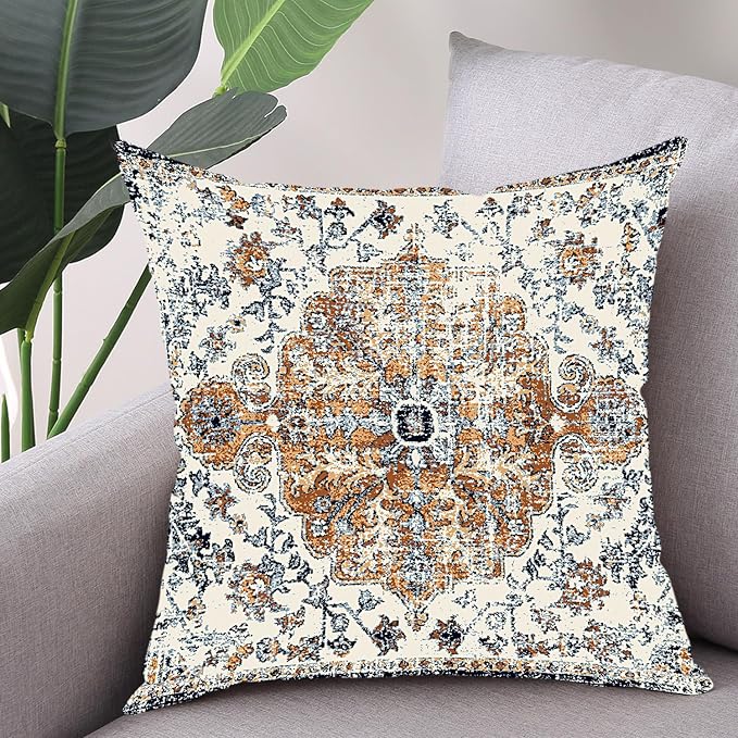 Outdoor Waterproof Pillow Set of 2 - 20x20 Inch Bohemian Vintage Carpet Pattern Pillow Covers - Gold Blue Ethnic Design - Decorative for Couch, Garden, Balcony