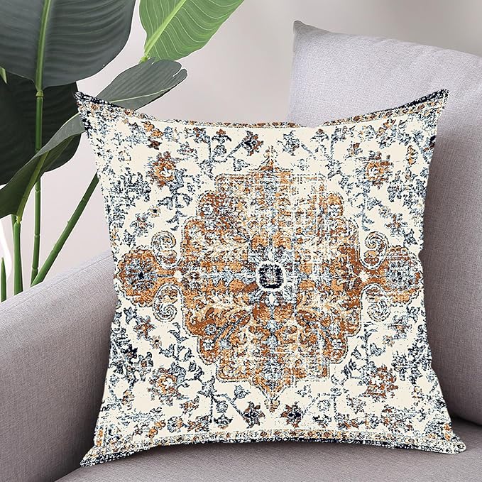Outdoor Waterproof Pillow Covers - 18x18 Inch Set of 2 Bohemian Vintage Carpet Pattern Pillow Covers with Gold Blue Ethnic Design for Decorative Farmhouse Couch, Garden, Balcony