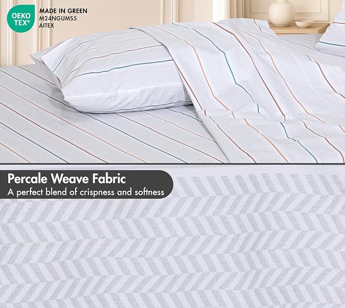 RUVANTI 100% Cotton Percale Sheets California King Chevron Twill Stripe | Crisp Cooling for Hot Sleepers, Deep Pocket 14", Soft Breathable & Durable, Hotel-Style 4 Piece Set