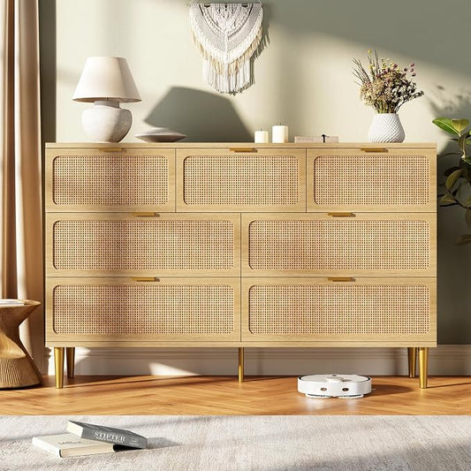 GarveeHome Rattan 7 Drawer Dressers for Bedroom, Deep Drawer, Natural | Tall Dresser, Wide Top, for Living Room, Hallway, Kids Room, Large Chest of Drawers for Closet, Long Wooden Dresser