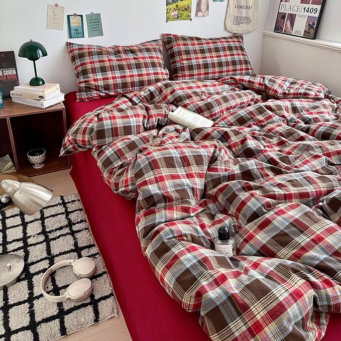 mixinni Vintage Red & Brown Buffalo Plaid Duvet Cover Set King Size - 3 Piece Washed Cotton Bedding Set with Classic Checkered Pattern, Cozy Farmhouse Duvet Cover with Pillowcases for All Seasons