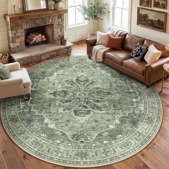 RELEANY Washable Area Rug, Round 8ft, Green/Dark Green/Gray | Non-Slip, Water Repellent, Pet Friendly, Easy to Clean, Vintage Floral Boho Decor for Living Room Bedroom Dining Room