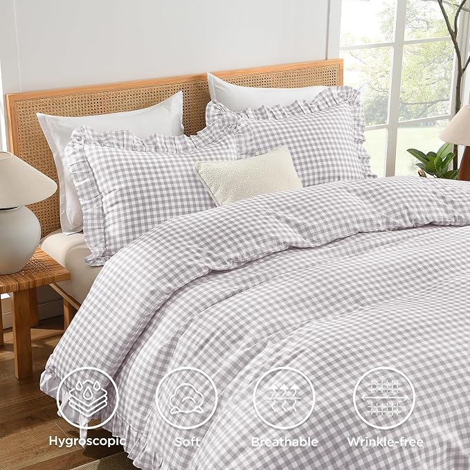 Andency Light Grey Gingham Duvet Cover Queen, Ruffle Chic Bedding Set 3 Pcs | Farmhouse Soft Pre-Washed Polyester Comforter Cover with Zipper Closure & Corner Ties, 90x90Inch