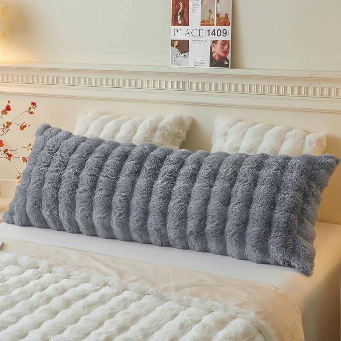 LIFEREVO Fluffy Faux Rabbit Fur Body Pillow Cover 20"x54", Light Grey | Soft Cute Bubble Bed Pillowcase with Zipper Closure, Washable Plush Furry Long Pillow Case for Pregnancy Women Side Sleeper