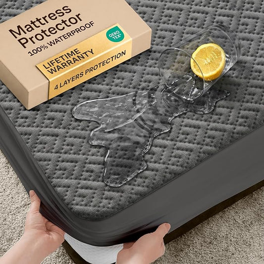100% Waterproof Full Mattress Protector - 360 Pad Protection Against Spills, Stains & Accidents for Parents & Pet Owners - Noiseless & Cooling Viscose Made from Bamboo (Grey)