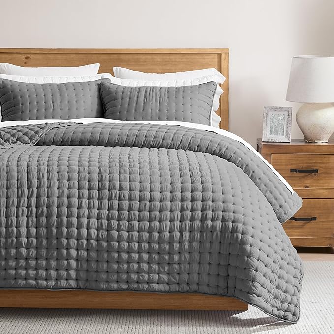 WDCOZY Dark Grey Queen Size Quilt Bedding Sets with Pillow Shams, Deep Lightweight Bedspread Coverlet, Quilted Blanket Thin Comforter Bed Cover, All Season Summer Spring, 3 Pieces, 90x90 inches