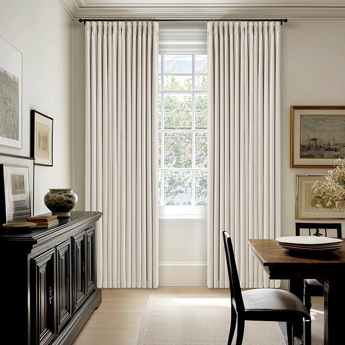 TWODRAPES 90 Inch Pinch Pleated Blackout Linen Curtains 2 Panels Natural | Memory Trained, 100% Black Out Room Darkening, Soundproof, Cream Bedroom Window Curtains Double Layer, Pinch Pleat Drapes