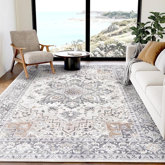 AMADA HOMEFURNISHING 5x7 Area Rugs, Washable Living Room Rug Low-Profile with Non-Slip Backing & Durable Edge Binding, Vintage 5x7 Rugs for Living Room, Bedroom, Dinning Room
