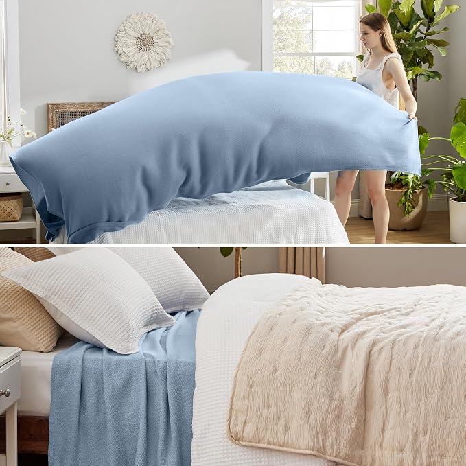 Bedsure GentleSoft 100% Cotton Blanket King Size for Bed - Breathable and Lightweight, Soft Cozy Textured Herringbone Woven Blanket for Summer, Light Blue, 108x90 inches
