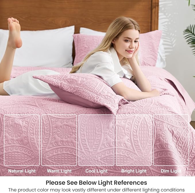 Love's cabin King Size Quilt Set Pink Bedspreads - Soft Bed Summer Lightweight Bedspread Comforter - Modern Style Coin Pattern Coverlet for All Season - 3 Pieces (1 Quilt, 2 Pillow Shams)