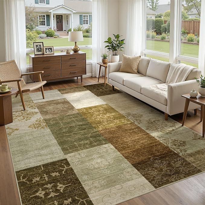 UERMEI 8x10 Area Rug for Living Room - Washable Neutral Modern Abstract Carpet, Non-Slip Soft Large Indoor Floor Rugs for Bedroom Home Office & Under Dining Table Decor, Brown/Green