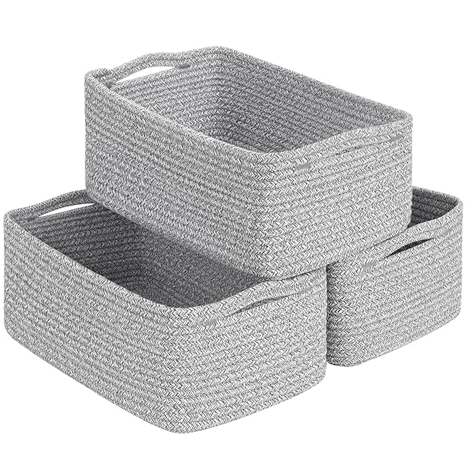 Goodpick 3-Pack Woven Storage Baskets for Closet,13 x 8 x 5 in | Woven Baskets for Closet Fit Bedroom Lving Room, Large Baskets for Gift Empty, Dog Toy Basket for Pets, White & Gray