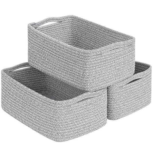Goodpick 3-Pack Woven Storage Baskets for Closet,13 x 8 x 5 in | Woven Baskets for Closet Fit Bedroom Lving Room, Large Baskets for Gift Empty, Dog Toy Basket for Pets, White & Gray