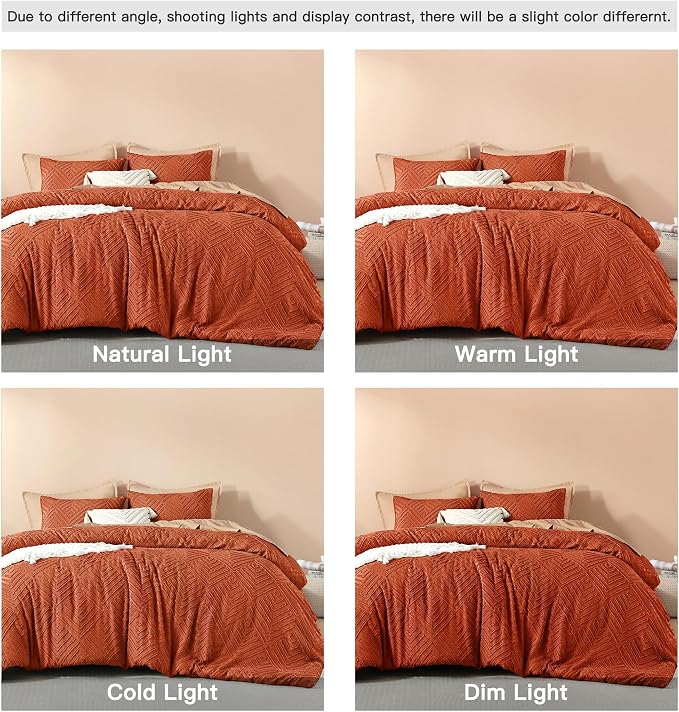 Litanika King Size Comforter Set, 3 Pieces Tufted Boho Bedding Set | Terracotta Farmhouse Shabby Chic Vintage Bohemian Textured Aesthetic Soft Fluffy Lightweight Breathable All Season Bed Set