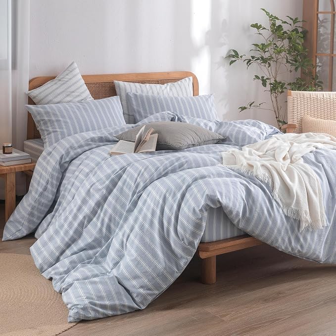 BESTOUCH Striped Cotton Duvet Cover Set Linen Feel Oversized Queen | 100% Washed Cotton, Soft Wrinkle Texture, Hidden Zipper, 8 Ties, Breathable Lightweight Durable Comfy, 3 Pcs No Insert