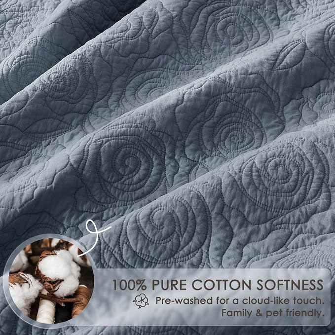 WDCOZY 100% Cotton King Size Quilt Bedding Sets Floral Rosette Dusty Blue | Pre-Washed Thin Farmhouse Bedspread, 106"x96" Comforter + 2 Shams 20"x36", Lightweight Coverlet, All-Season, Machine Washable