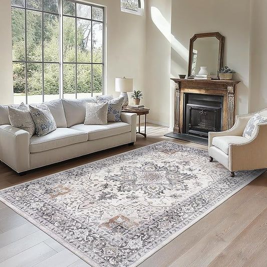 AMADA HOMEFURNISHING 6x9 Area Rugs, Blue Low-Profile Washable Rug with Non-Slip Backing & Durable Edge Binding, Vintage Rugs for Living Room, Bedroom, Dinning Room