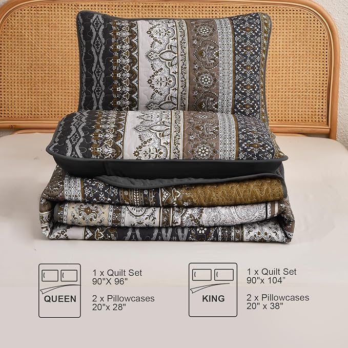 WONGS BEDDING Boho Quilt King Size,3 Pcs Bedspread Set, Brown | Colorful Bohemian Striped Printed Bedding for All Season, Lightweight Microfiber Coverlet Set with 2 Pillowcases(104"x90")