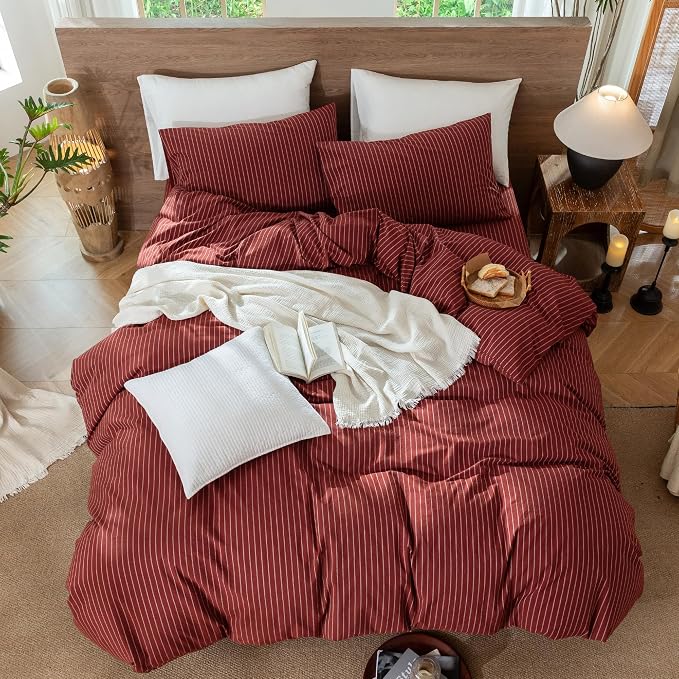 MooMee Striped Duvet Cover Set 100% Washed Cotton Linen Like King | Relaxed Linen-like Texture. Soft, Breathable & Long-lasting Comfort. Lightweight. Hidden Zipper with 8 Interior Corner Ties