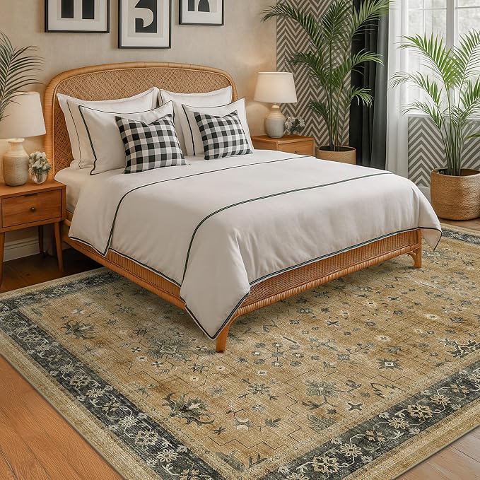 Washable 8x10 Living Room Rug, Oriental Large Area Rug for Dining Room Under Table, Rustic Brown and Charcoal Olive Low Pile Bedroom Carpet, Non-Slip Stain Resistant Indoor Door Mat