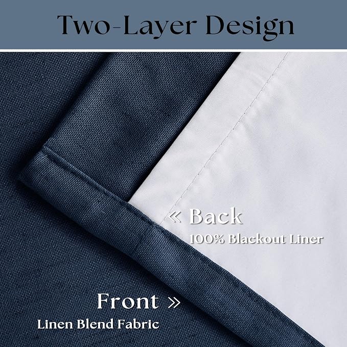 Navy Blue 100% Blackout Pinch Pleated Linen 63 Inch Curtains with Liner | Memory Trained, Thermal Insulated, Heat Blocking, Black Out Curtains for Small Window Dining Room Bedroom 2 Panels W40xL63