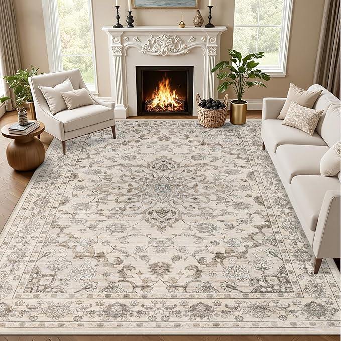 9x12 Area Rugs Living Room: Washable Rug for Bedroom Brown Beige | Vintage No Slip Stain Resistant Rug Soft Indoor Decor Floor Floral Area Rugs for Dining Room, Nursery, Hallway, Home Office