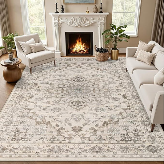 9x12 Area Rugs Living Room: Washable Rug for Bedroom Brown Beige | Vintage No Slip Stain Resistant Rug Soft Indoor Decor Floor Floral Area Rugs for Dining Room, Nursery, Hallway, Home Office