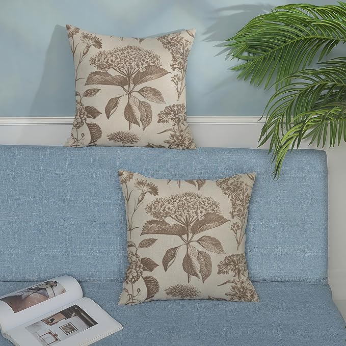 Vintage Brown Pillow Covers 18x18 Inch 2 Pcs Boho Beige Floral Decor Throw Pillows Hydrangea Flower Seasonal Outdoor Farmhouse Neutral Accent Decoration Pillowcase Linen Cushion Cover for Couch