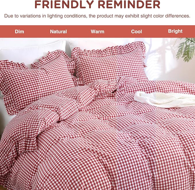 ATsense Red Gingham Ruffle Duvet Cover Set Cotton Like Linen, Queen | 100% Washed Cotton Linen-Like Feel Soft, Breathable & Comfy. Farmhouse Bedding Set with Zipper & 8 Ties. 3 Pcs, No Insert