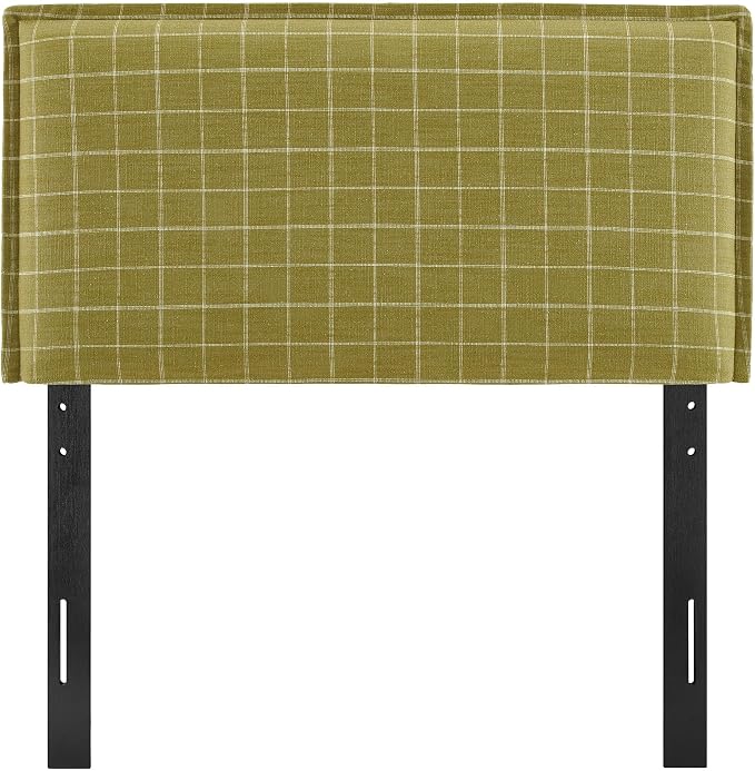 Modway Camille Twin Size Checkered Linen Blend Plaid Headboard with Removable Slipcover – in Artichoke Windowpane Check - Padded Pillow Style Headboard with Adjustable Mounting for Twin Beds