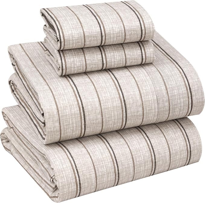 RUVANTI 100% Cotton Percale Sheets, Full Size, Brown Stripes | Crisp Cooling, Deep Pocket 16", Soft Breathable & Durable, Hotel-Style, 4 Piece Set