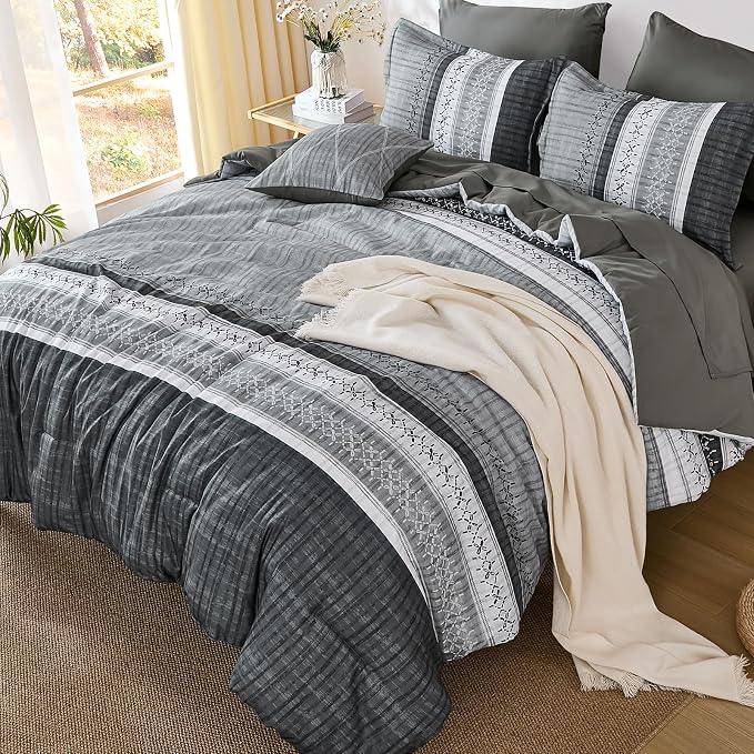 Dintszyayue Grey Queen Comforter Size Set, 8 Pieces Striped Texture Bed in a Bag Bedding Sets, Lightweight Soft Comforter and Sheet Set, All Season Microfiber Teen Boys Bedding Sets for Men Women