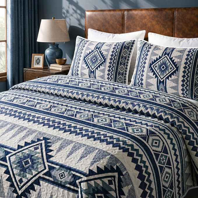 akkialla Reversible Blue Boho King/Cal King Quilt Set, 2-Piece Bohemian Aztec Microfiber Bedspread, Soft Lightweight All-Season Coverlet (1 Quilt, 2 Shams)
