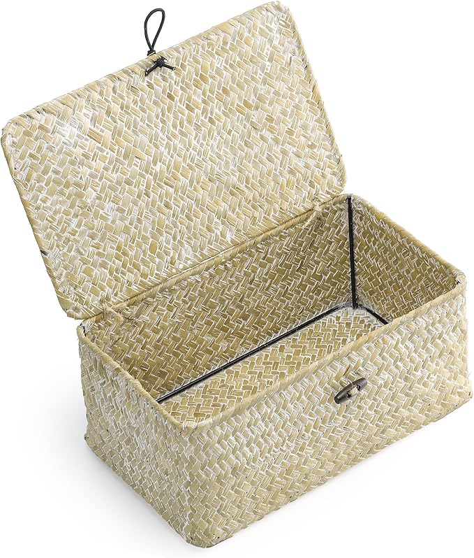 Nonam Small Wicker Basket with Lid,Seagrass Shelf Basket Set of 3,Nautral | Storage Basket Container for Organizing, Boho Decorative Basket, Rectangular Household Storage Boxes for Home Organization