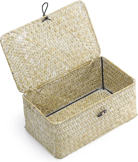 Nonam Small Wicker Basket with Lid,Seagrass Shelf Basket Set of 3,Nautral | Storage Basket Container for Organizing, Boho Decorative Basket, Rectangular Household Storage Boxes for Home Organization