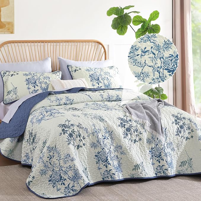 WONGS BEDDING Floral Quilt Set Queen,3 Pcs Blue Bedspreads Coverlets Set | Spring Summer Floral Farmhouse Bedspread with 2 Shams,Soft Microfiber Lightweight Coverlet for All Season 96"×90"