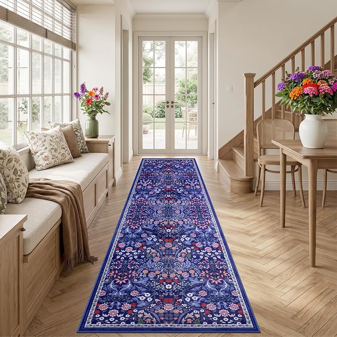 PLHXFR 2.6x14 Washable Runner Rug：Floral Indoor Kitchen Soft Carpet Blue | For Hallway Bedroom Kitchen Laundry Bathroom Dorm,Vintage Floral,Machine washable,Non Slip,Stain Resistant,Indoor Floor
