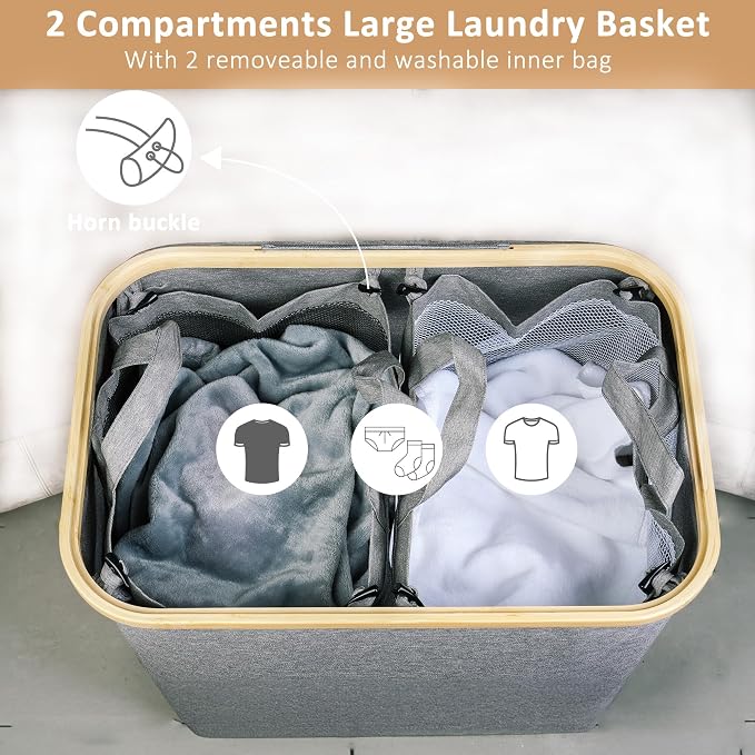 IEGrow Laundry Hamper with Lid,150L Laundry Basket with 2 Mesh Bags,Grey | Dirty Clothes Hamper Basket with Bamboo Handle for Clothes Towels