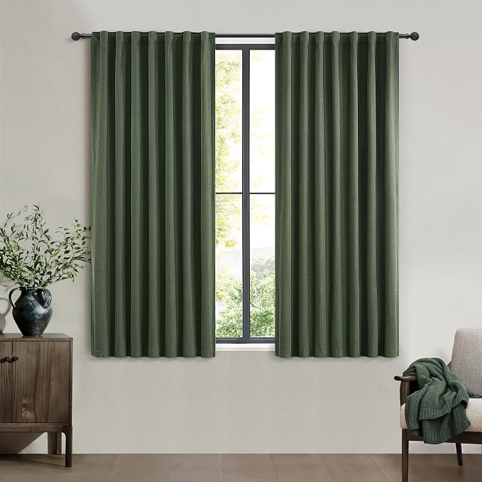 QJmydeco 45 Inch Kitchen Curtains Sets for Windows, Faux Linen Blackout Pleated Aesthetic Basement Window Curtain Back Tab 2 Panels Insulated Drapes Olive Green (50" W x 45" L Hooks&Rings Included)