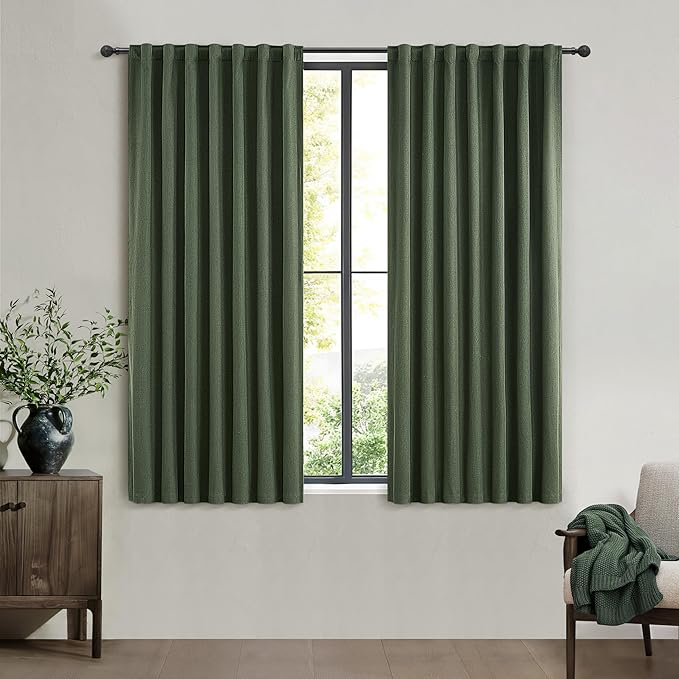 QJmydeco Green Country Kitchen Curtains 54 Inch Length Small Basement Window Blackout Cooling Curtains for Summer Heat Linen Cafe Classroom/Dorm Dark Olive Drapes Hook Belt/Back Tab(50"x54"x2 Panels)